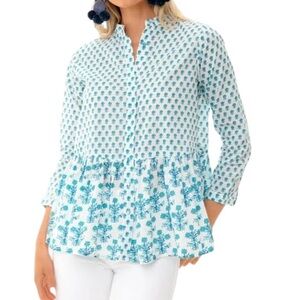 Ro's Garden Chanderi White & Turquoise Blue Button Front Peplum Top - S
